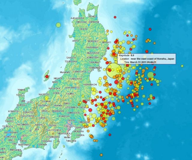 Map of the Tōhoku earthquake and aftershocks on 11–14 March, 2011.