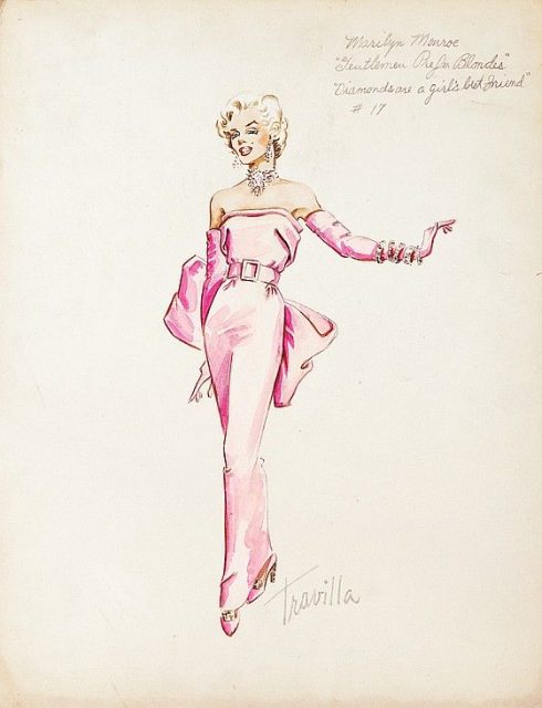 Original Sketch of Marilyn Monroe wearing her pink dress for the musical Number ‘Diamonds are a Girls Best Friend.’ This sketch by William Travilla shows Monroe wearing matching pink gloves.