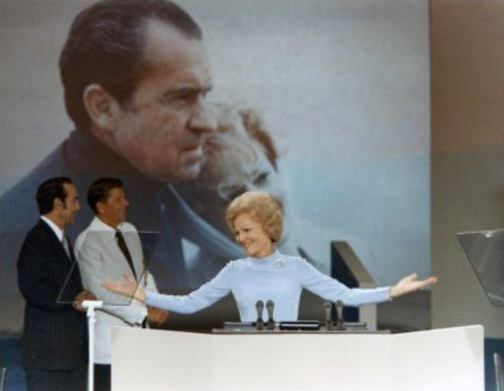 The Republican National Convention in August 1972; Nixon’s wife, Pat, addressed the crowd. Nixon was reelected in November 1972.