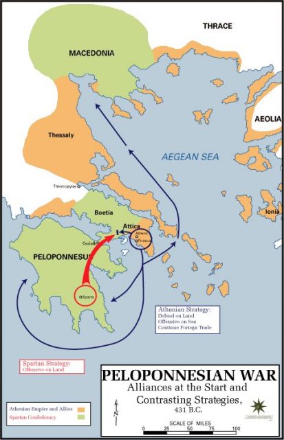 The Peloponnesian war alliances in 431 BC. Orange: Athenian Empire and Allies; Green: Spartan Confederacy