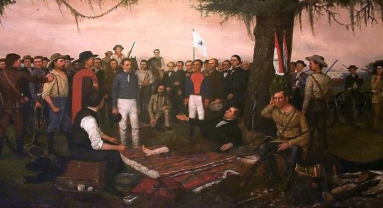 Santa Anna surrendering Texas to Sam Houston.