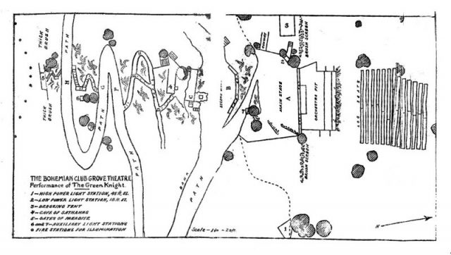 Porter Garnett’s sketch of the Bohemian Club’s Main Stage at the Bohemian Grove, 1911.