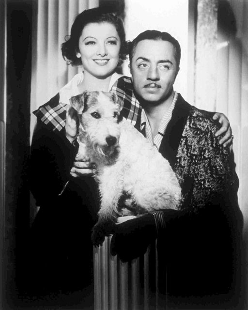 Promotional photograph for the film The Thin Man starring Myrna Loy and William Powell, with Skippy as Asta.