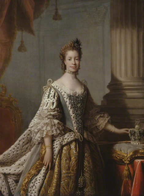 Queen Charlotte in the studio of Allan Ramsay, oil on canvas, (1762).