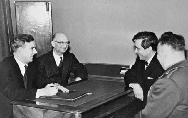 Vladimir Semichastny, chairman of the KGB, talking to Soviet intelligence officers Rudolf Abel (second from left) and Konon Molody (second from right) in September 1964. RIA Novosti archive, image #3001 / RIA Novosti / CC-BY-SA 3.0