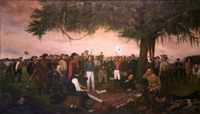 “Surrender of Santa Anna” by William Henry Huddle shows the Mexican president and general surrendering to a wounded Sam Houston, battle of San Jacinto.