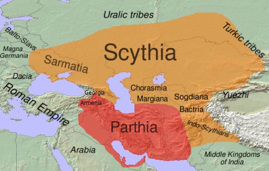 Scythia and Parthia in about 170 BC (before the Yuezhi invaded Bactria). Photo by Dbachmann CC BY-SA 3.0