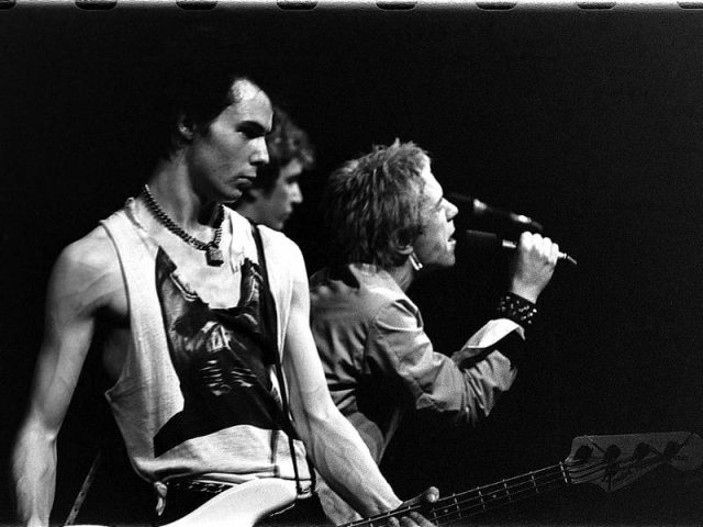 The Sex Pistols (Sid Vicious left, Steve Jones centre, and Johnny Rotten right) performing in Trondheim, Norway, July 1977.