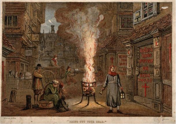 “Bring Out Your Dead.” A street during the Great Plague in London, 1665, with a death cart and mourners. Photo by Wellcome Images CC BY 4.0