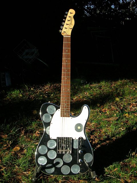 Syd Barrett’s mirrored Fender Esquire guitar prior to inclusion in Pink Floyd’s Interstellar exhibition.