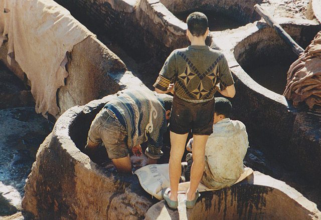 Leather Tanners in Morocco. Photo by Peter van der Sluijs – Own work CC BY-SA 3.0