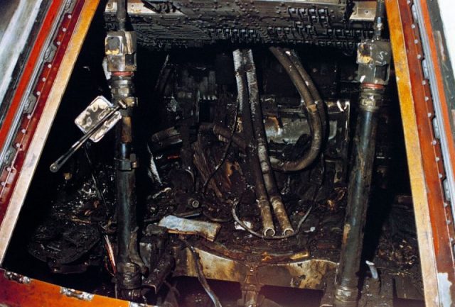 The charred remains of the Apollo 1 cabin interior.