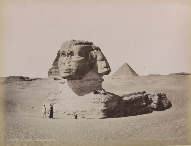 The Great Sphinx partly buried under the sand, c. 1870s.