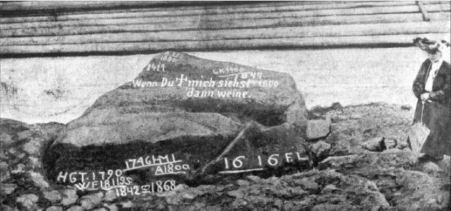 The hunger stone at the left bank of the River Elbe at Decın-Podmokly. Photo by (Br´azdil and Kotyza, 1995) ResearchGate CC BY SA 3.0