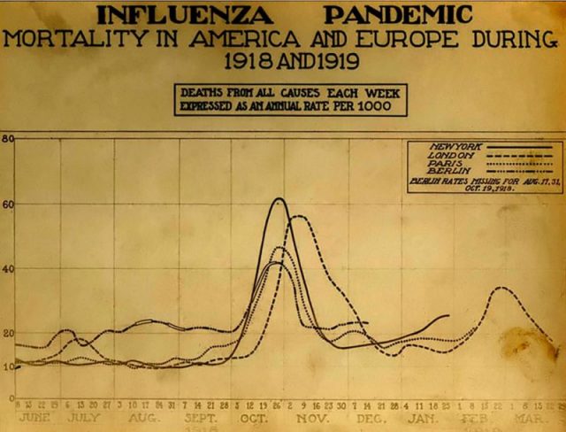 The Spanish Influenza. Chart showing mortality from the 1918 influenza pandemic in the U.S. and Europe.