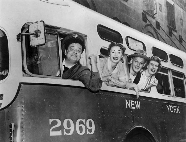 Photo of the complete cast of the television program The Honeymooners. This was the premiere of the show on CBS as it moved there from the DuMont network. From left: Jackie Gleason (Ralph Kramden), Audrey Meadows (Alice Kramden), Art Carney (Ed Norton), Joyce Randolph (Trixie Norton).