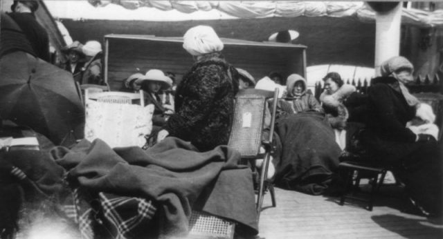 Group of survivors of the Titanic disaster aboard the Carpathia after being rescued.