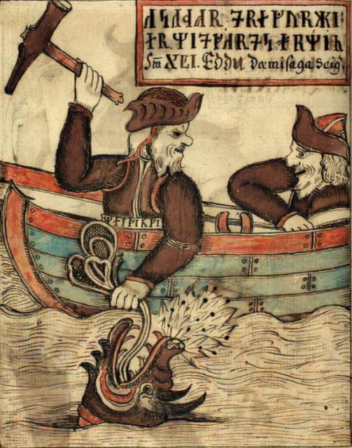 An early modern depiction of Thor’s fight with the World Serpent, the subject of early skaldic verses by Bragi Boddason and Ulfr Uggason.