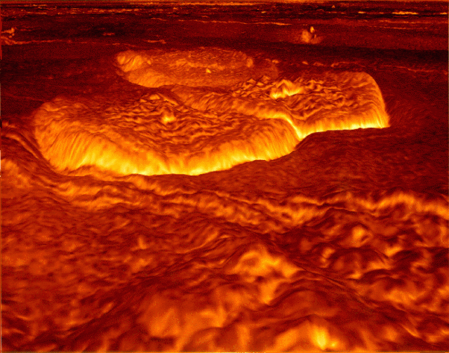 Resized 3-D computer generated perspective view of pancake volcanoes on the eastern edge of Alpha Regio,Venus. This image was created by superimposing Magellan radar images on Venus topography, and colored based on images from the Venera 13 and 14 landers.