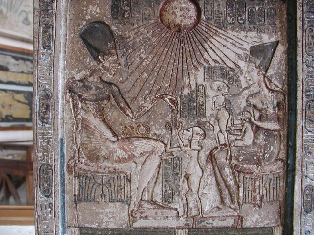 Stela of Akhenaten and his family. Photo by Gérard Ducher CC By Sa 2.5