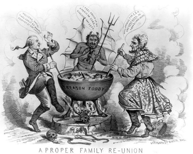 An 1865 political cartoon depicting Benedict Arnold and Jefferson Davis in Hell.