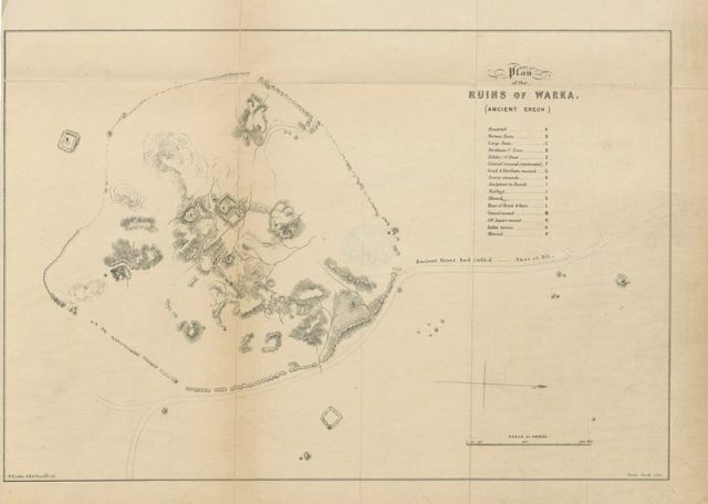 Plan of the Ruins of Warka (Ancient Erech) – from ‘Travels and Researches in Chaldæa and Susiana; with an account of excavations at Warka, the ‘Erech’ of Nimrod, and Shúsh, ‘Shushan the Palace’ of Esther, in 1849-52′ by Loftus, William Kennett.