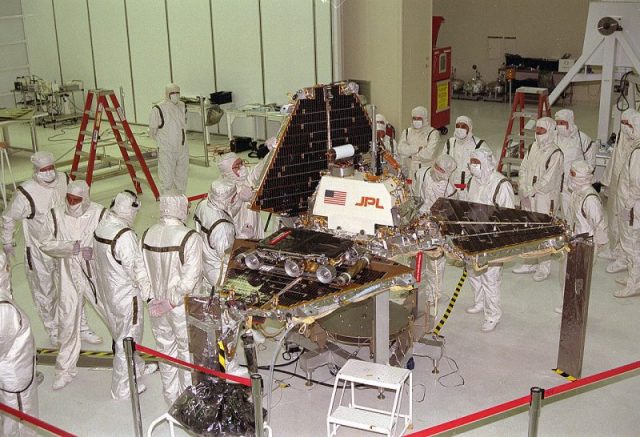 Pathfinder and Sojourner at JPL in October 1996, being ‘folded’ into its launch position.