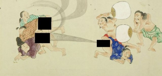 Fart wars were also used by artists to show disdain for the increasing European influence in Japan, with depictions of Westerners being blown home on an unpleasant ‘wind.’