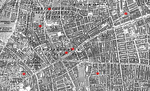 The sites of the first seven Whitechapel murders – Osborn Street (centre right), George Yard (centre left), Hanbury Street (top), Buck’s Row (far right), Berner Street (bottom right), Mitre Square (bottom left), and Dorset Street (middle left).