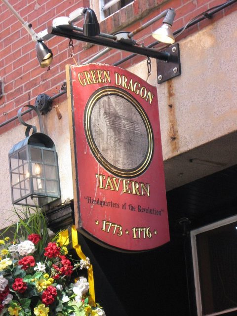 Sign for the Green Dragon Tavern, 11 Marshall St., Boston, Massachusetts. Photo by Chadarby CC BY-SA 4.0