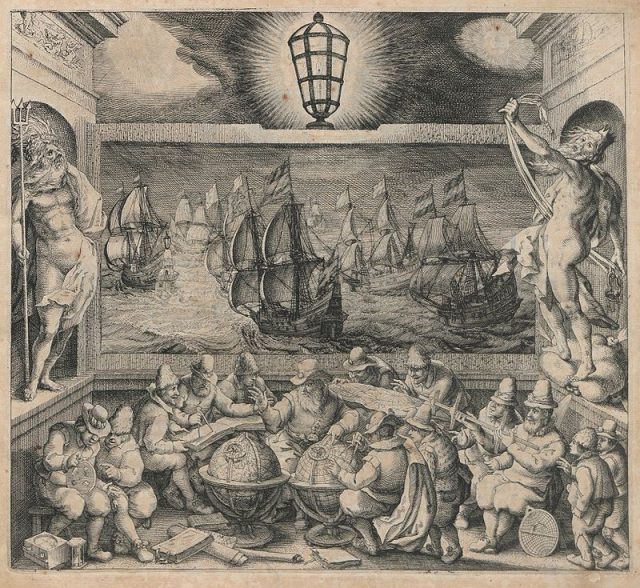 “The Light of Navigation” Dutch sailing handbook, 1608, showing compass, hourglass, mariner’s astrolabe, terrestrial and celestial globes, divider, and Jacob’s staff.