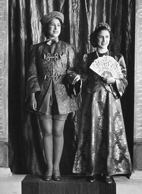 Elizabeth (left) and Margaret performing in a play, 1943.