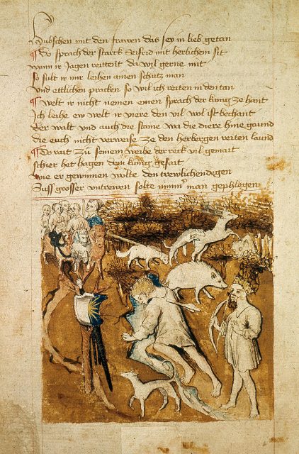 The death of Siegfried. Hagen stands to the right of Siegfried with a bow. From the Hundeshagenscher Kodex.