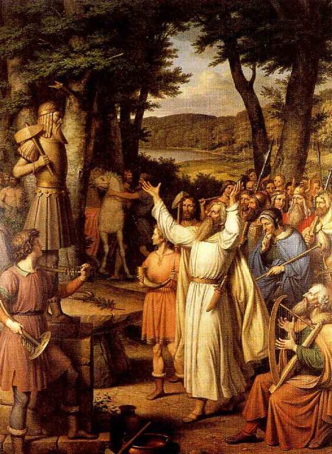 A goði leads the people in sacrificing to an idol of Thor in this painting by J. L. Lund.