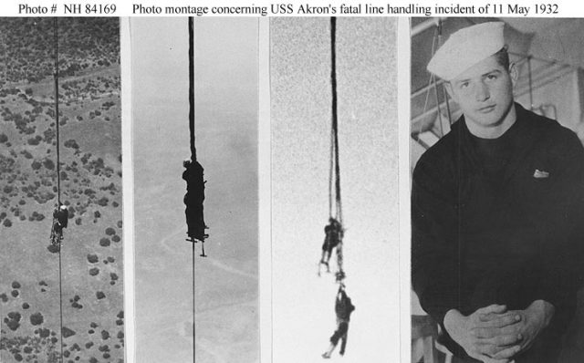 Still pictures from May 11, 1932 incident: the two pictures on the left and the picture at far right are of Seaman Cowart; the picture second from right shows Henton and Edsall before their fatal fall.