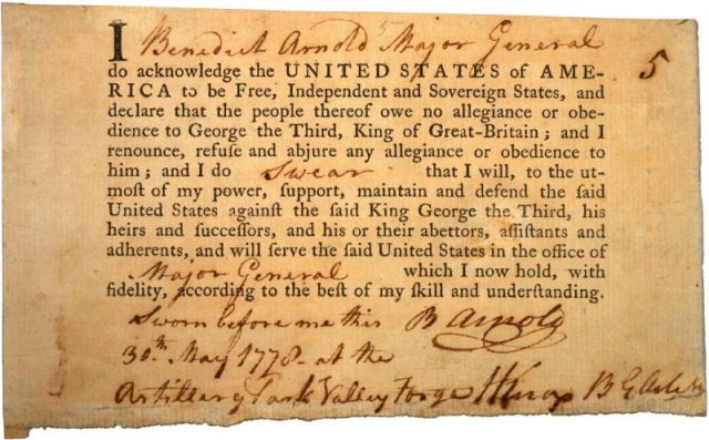 Arnold’s Oath of Allegiance, May 30, 1778.