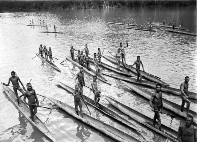 Asmat on the Lorentz River, photographed during the third South New Guinea expedition in 1912-13.