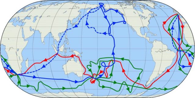 “The routes of Captain James Cook’s voyages. The first voyage is shown in red, second voyage in green, and third voyage in blue. The route of Cook’s crew following his end is shown as a dashed blue line.” Photo by Jon Platek CC BY-SA 3.0