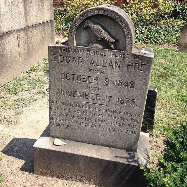 Original burial spot of Edgar Allan Poe in Westminster Burial Ground in Baltimore. Photo by JefferyGoldman CC BY-SA 4.0