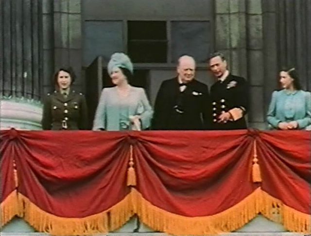 Elizabeth (far left) on the balcony of Buckingham Palace with her family and Winston Churchill on May 8, 1945, Victory in Europe Day.