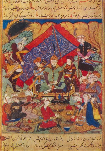 Emir Timur feasts in the gardens of Samarkand.