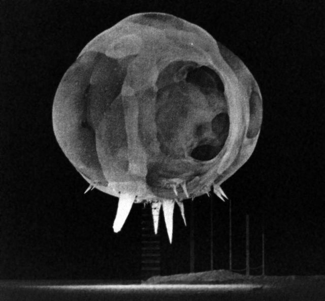 The bright spikes extending below the initial fireball of one of 1952’s Operation Tumbler–Snapper test shots, known as the “rope trick effect.” They are caused by the intense flash of thermal/soft X-rays released by the explosion heating the steel tower guy-wires white hot. The development of the W71 and the Project Excalibur x-ray laser were based on enhancing the destructive effects of these x-rays.