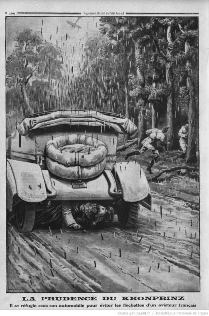 German Crown Prince takes cover under his car from darts dropped by a French plane. Illustration from the Petit Journal, August 1915