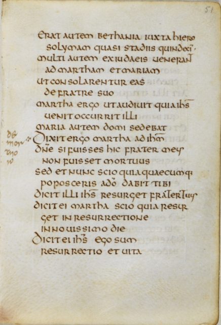 Folio 51r, showing Jn 11 -18-25a, with one of the requiem readings marked at line 10.