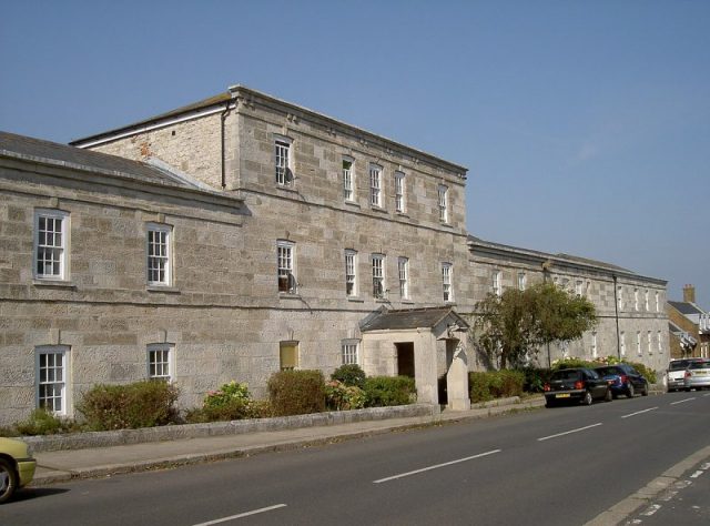 The former Union Workhouse (poorhouse) in Weymouth, Dorset is today converted into apartments. From her window, Priscilla Guppy may have been able to see the harbor bridge where she left her victim. Photo by Neil Owen CC BY-SA 2.0