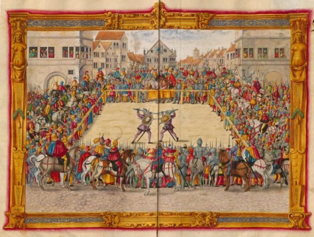 A 1540s depiction of a judicial combat in Augsburg in 1409, between Marshal Wilhelm von Dornsberg and Theodor Haschenacker. Dornsberg’s sword broke early in the duel, but he proceeded to kill Haschenacker with his own sword.