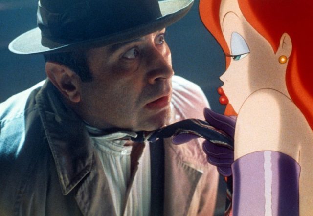 Bob Hoskins is seduced by Jessica Rabbit in a scene from the film ‘Who Framed Roger Rabbit,’ 1988. Photo by Buena Vista/Getty Images