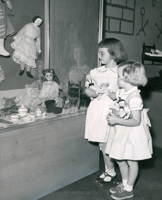 Anne Crockett (left) and Terry Trowbridge admire the famous Edison talking doll on display at the Fine Arts Center. Credit: Denver Post (Denver Post via Getty Images)