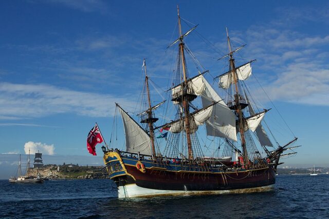 Replica of the HMS Endeavour arriving at port