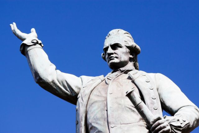 Bronze statue of British explorer Captain James Cook by sculptor Thomas Woolner, 1879, in Hyde Park, Sydney, Australia
